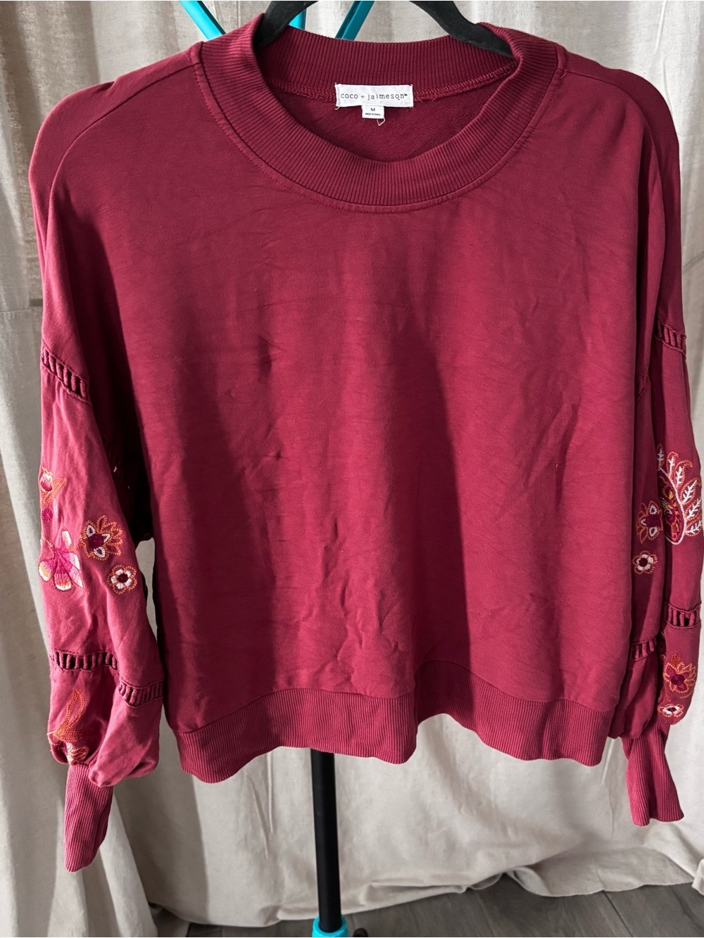 Coco + Jaimeson Burgundy Embroidered Sleeve Sweatshirt